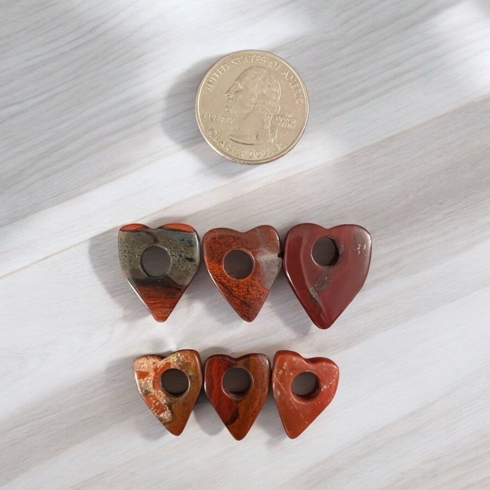 Heart-Shaped Red Jasper Stone Beads - Set of 6